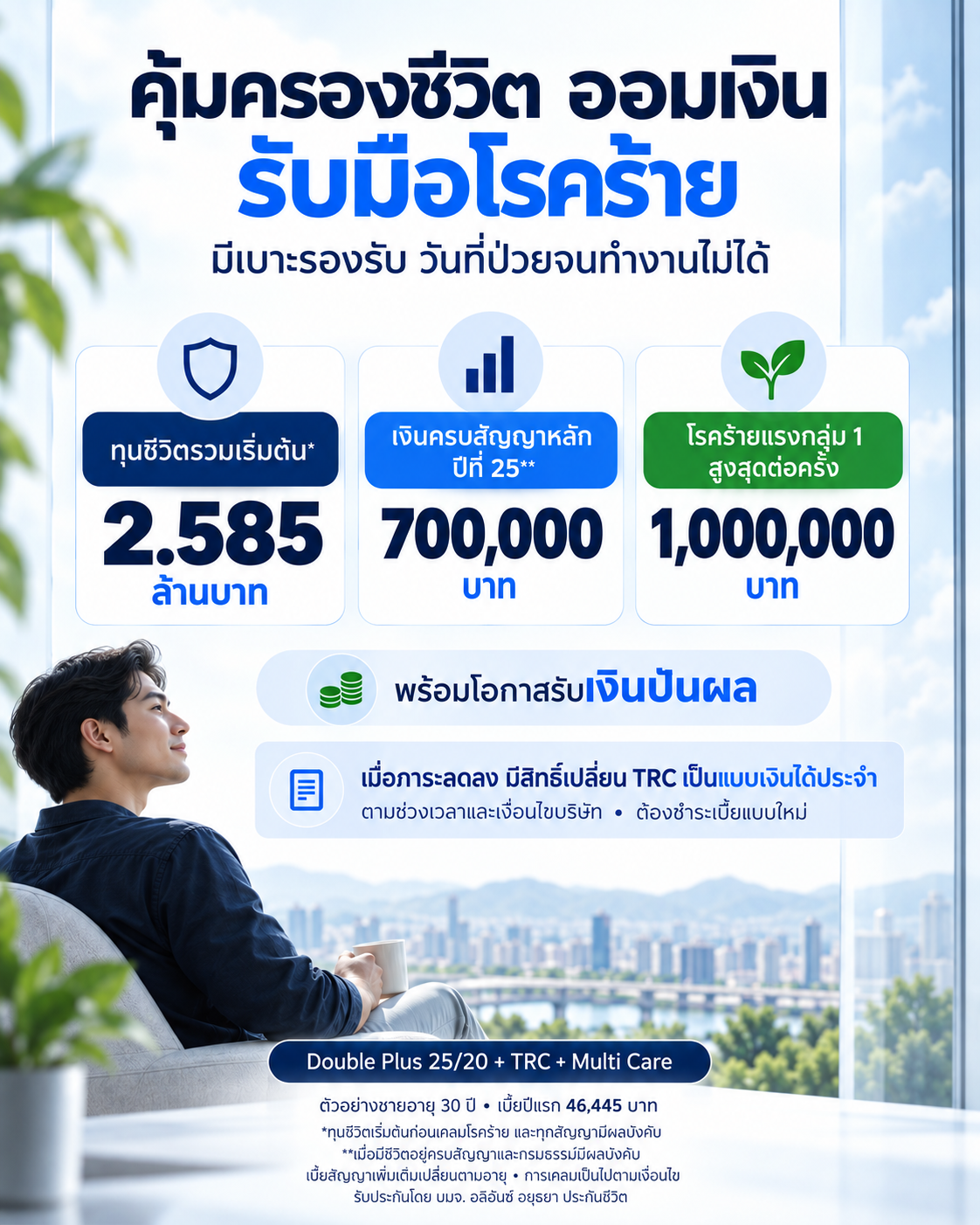 ขาวฟ้า · วางอนาคต — ทุนชีวิตเริ่มต้น 2.585 ล้านบาท เงินครบสัญญาหลัก 700,000 บาท โรคร้ายกลุ่ม 1 สูงสุด 1 ล้านบาทต่อครั้ง