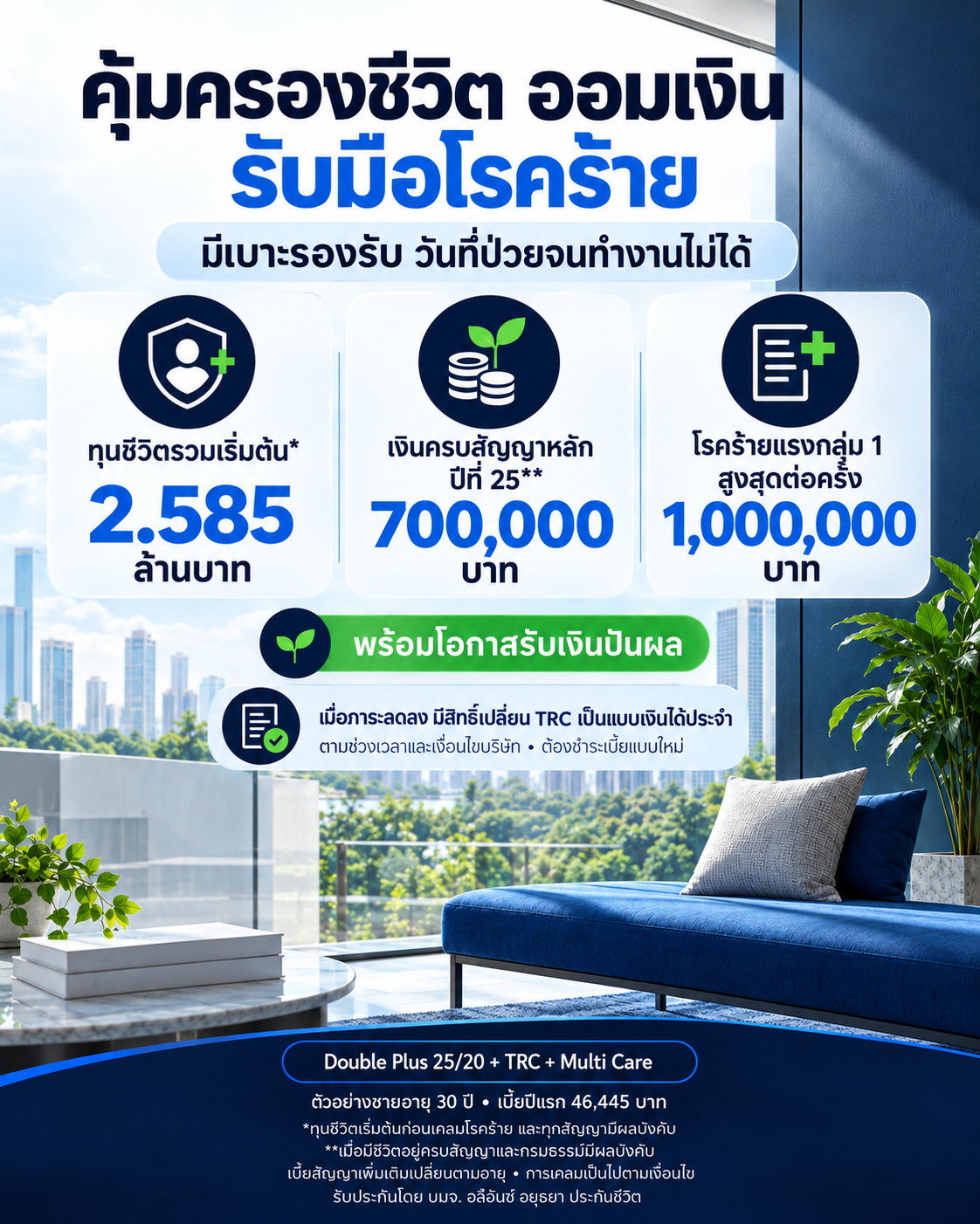 พื้นที่ชีวิต · เตรียมเกษียณ — ทุนชีวิตเริ่มต้น 2.585 ล้านบาท เงินครบสัญญาหลัก 700,000 บาท โรคร้ายกลุ่ม 1 สูงสุด 1 ล้านบาทต่อครั้ง