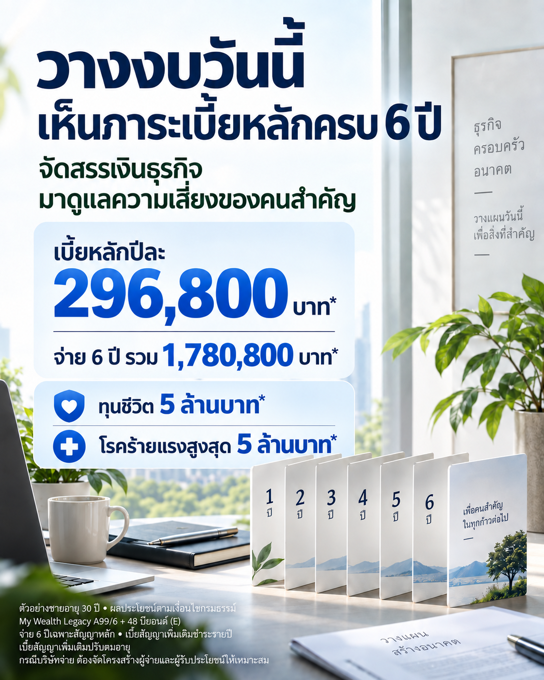 จัดสรรเงินธุรกิจ เห็นภาระเบี้ยหลักชัด · ทุนชีวิต 5 ล้านบาท และโรคร้ายแรงสูงสุด 5 ล้านบาท